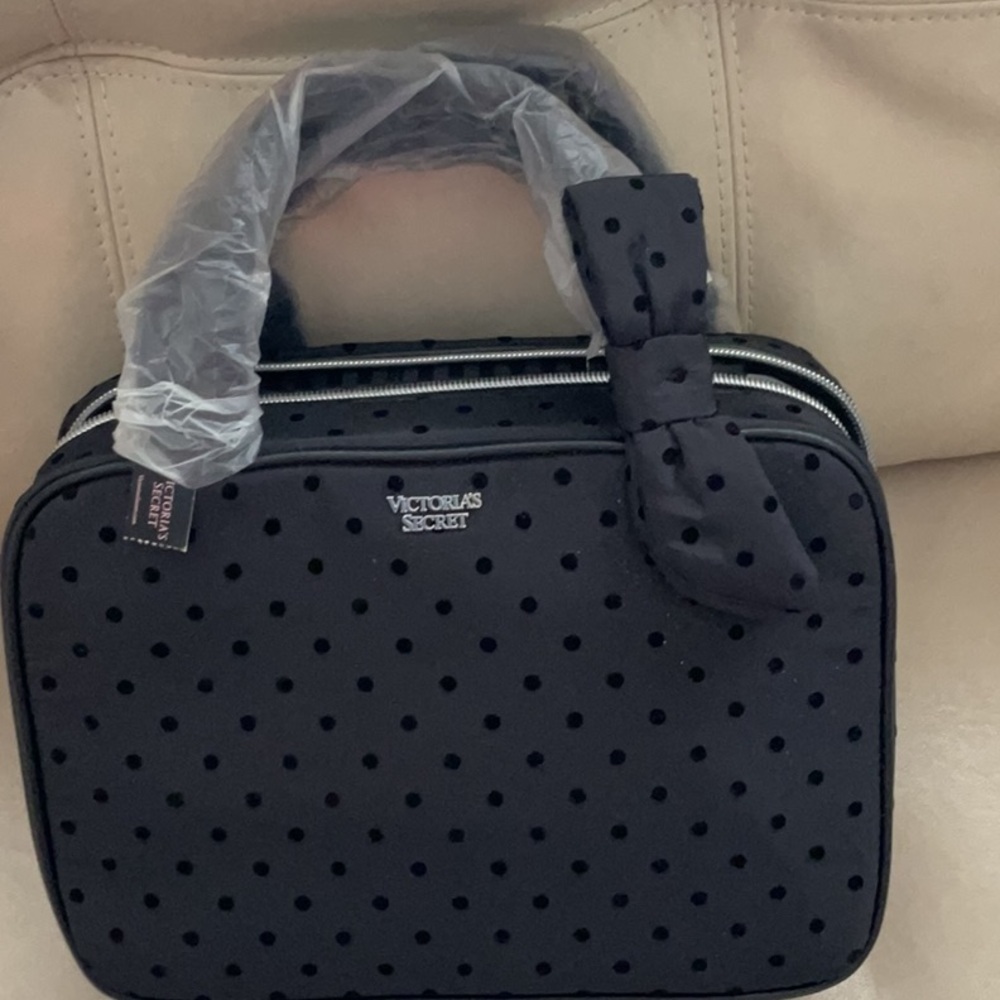 Victoria's Secret Black Polka Dot Cosmetic Case with Bow Handle
